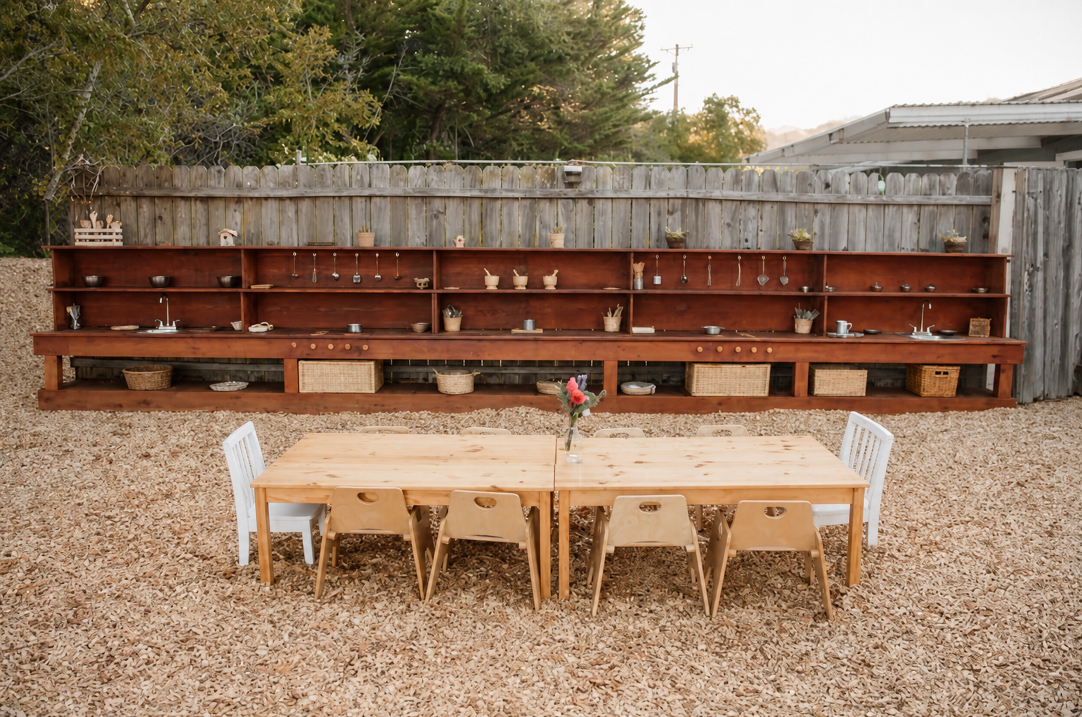An outdoor wooden mud kitchen and a child-sized table on a soft wood-chip play area